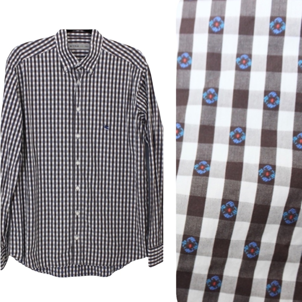 ETRO Men’s Button Down Check Brown Gingham Blue Orange Flower Embroidered 40